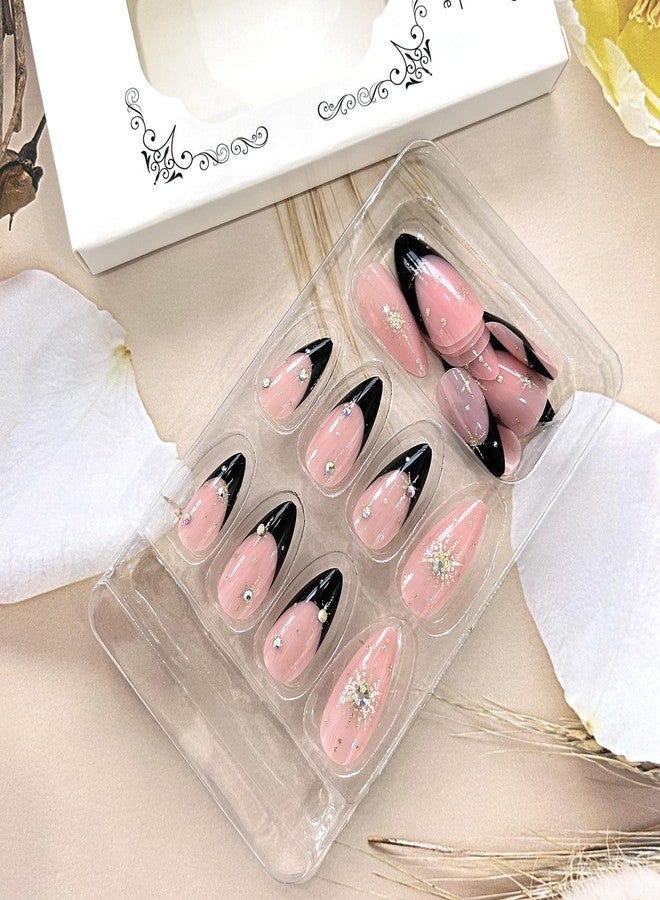 TBRZTR Black French Tip Press on Nails Medium Gold Glitter Rhinestones Design Almond Tip Press Ons False Nail Full Cover Artificial Nails Reusable Handmade Glue on Nails for Women 24Pcs - Image 4
